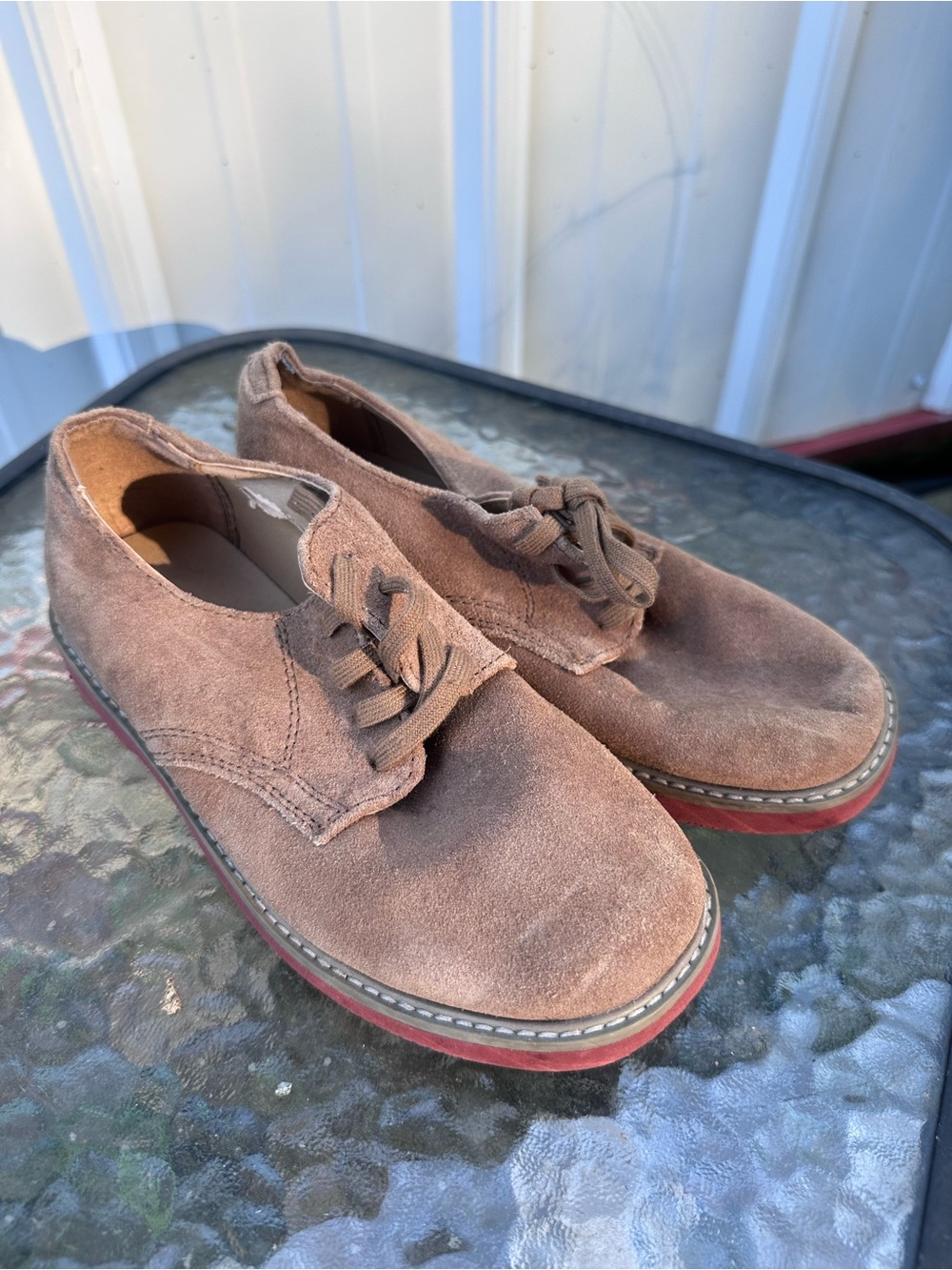 Boys Sperry Caspian Brown Suede Derby Shoes with Red-Trim Sole